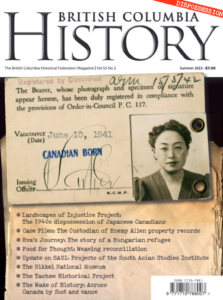 British Columbia History Summer 2022 Issue 55.2 cover: Dispossession - Card of Japanese Canadian woman issued June 10, 1941