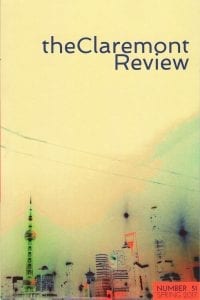 the Claremont Review cover: Number 51 Spring 2017; washed-out view of tall city buildings with a communications tower on the left, two overhead lines and soft sky colours at dusk