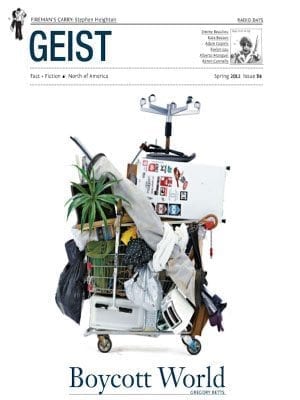 GEIST Spring 2012 cover (#84), Boycott World, Another Vengtriloquist, Vavilovian Mimicry, Charms against Lightning, image of shopping card stacked high with consumer goods