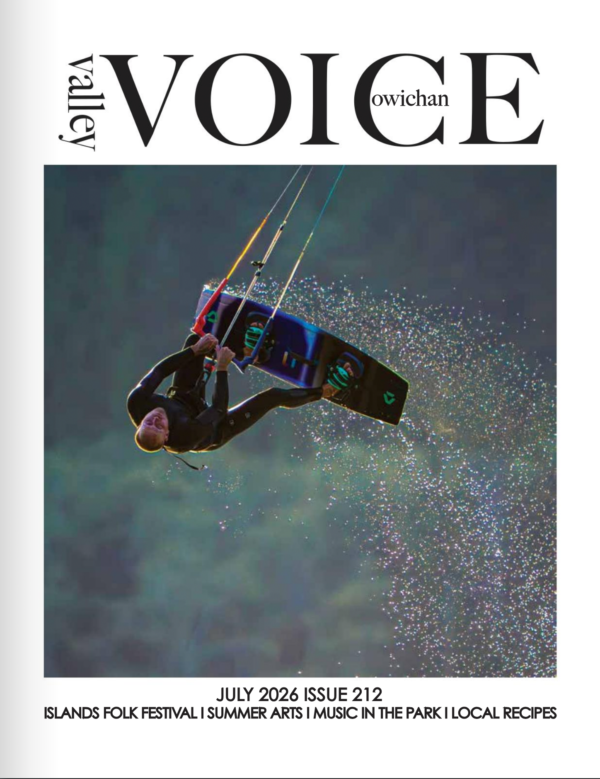 Cowichan Valley Voice July 2026 Issue 212 cover - kiteboarder Alex Likins on Nitinaht Lake, photo by Guilhemine (Guilly) Milburn