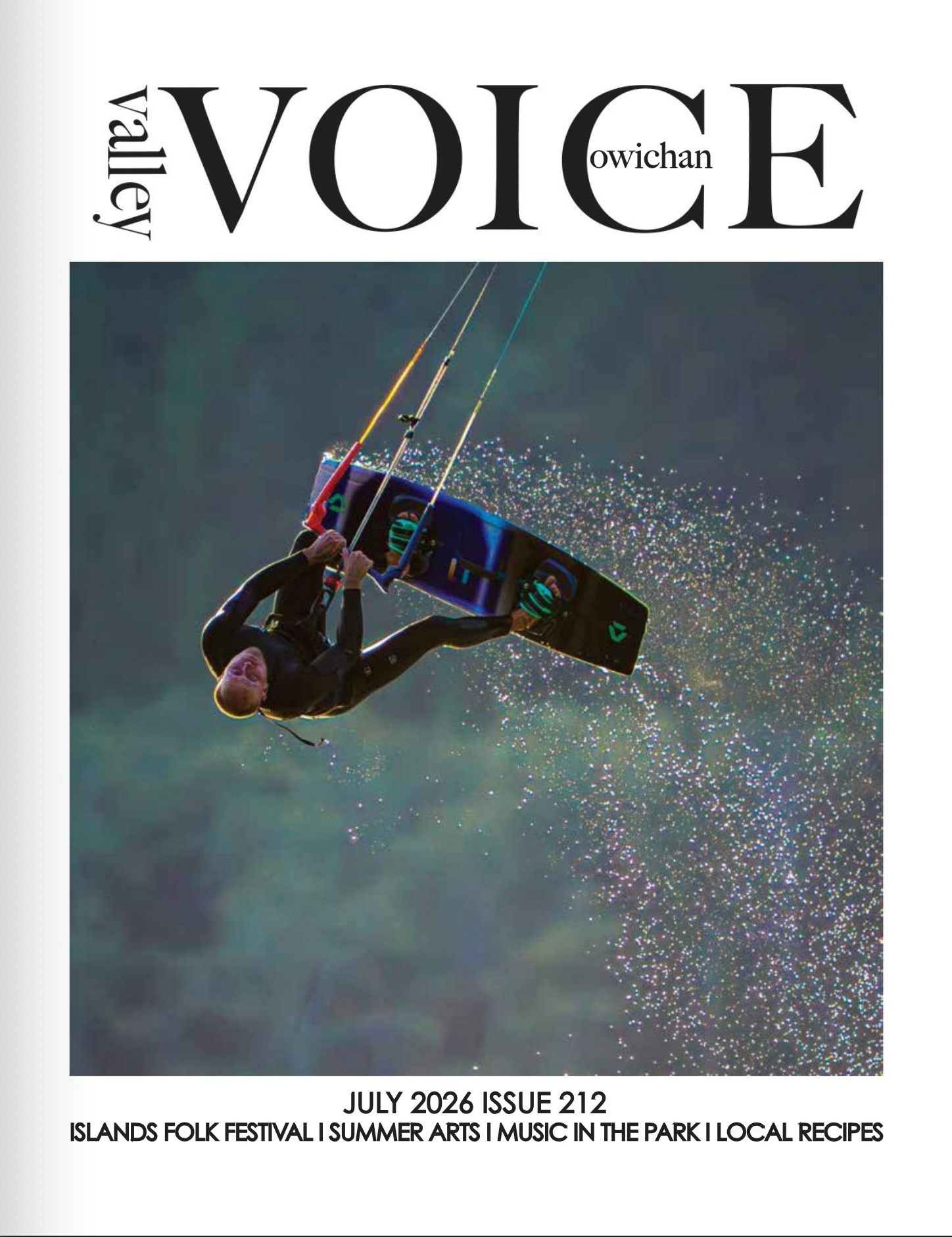 Cowichan Valley Voice July 2026 Issue 212 cover - kiteboarder Alex Likins on Nitinaht Lake, photo by Guilhemine (Guilly) Milburn