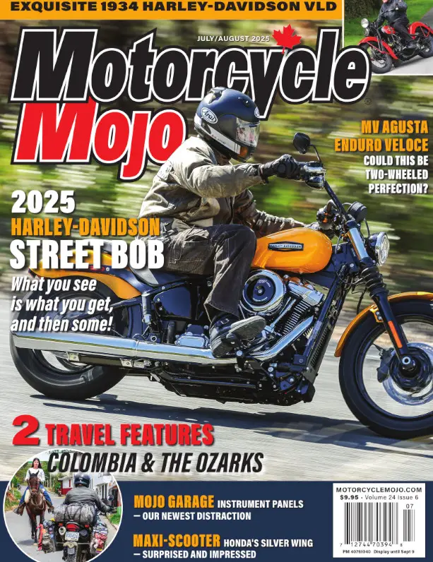Motorcycle Mojo July/Aug 2025 cover 2025 Harley-Davidson Street Bob with rider