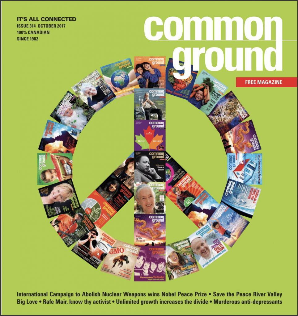 Common Ground Magazine Cover October 2017, large peace sign made up of archived covers on green background