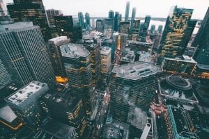 Looking down at a cityscape of highrises - wide-angle view