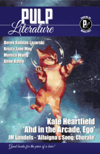 Pulp Literature issue 33 cover - Space Cat ginger tabbie amongst stars with fishglobe helmet.