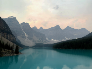 Morraine Lake, AB by Christy Chan - turquoise water and tall Rocky Mountain peaks in background reflected