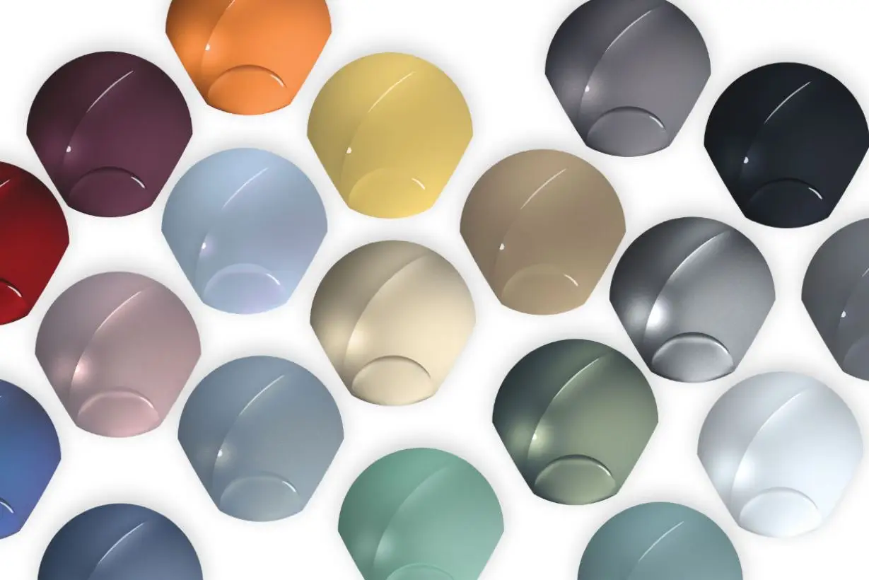 A display of car paint colours, including greys, blues, greens, and more unusual colours.