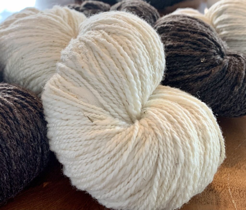 Skeins of white and black wool, the first Leystone yarn.