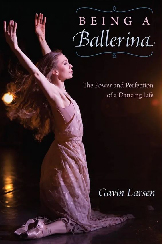 cover of Gavin Larson book, kneeling ballerina with hands stretched overhead and flowing long hair, rose-coloured dress