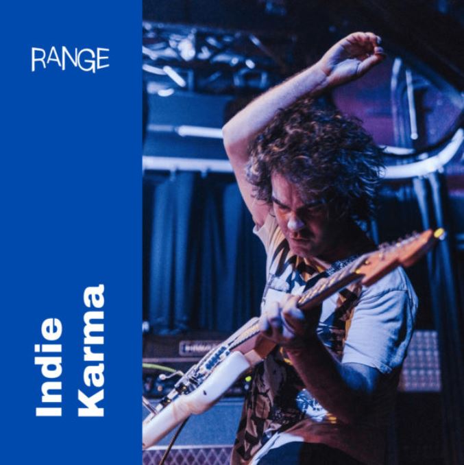 Blue album cover with the words RANGE and Indie Karma on the left panel and a guitarist playing with one arm up in the air