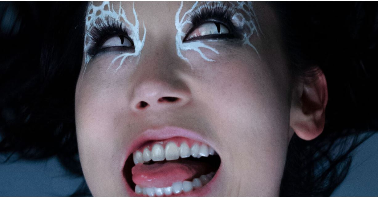 Close-up of songwriter's face, with wavy white makeup around her black-rimmed eyes, painted as a Japanese spirit called the Nure-onna