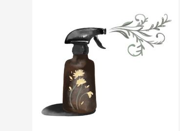 Illustration of a brown spray bottle with a botanical motif and spraying leafy branches