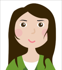 Illustration of TeLeni Koochin: brown eyes and hair, over shoulders, smile, green and white top