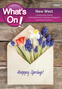 What's On! New West March/April 2023 cover - spring flowers (tulip, narcissus, grape hyacinths) in a light-coloured envelope on a rough wood tabletop.