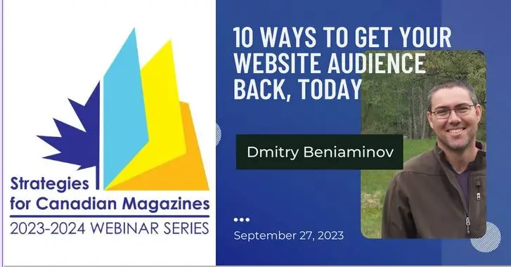 Left: Strategies for Canadian Magazines logo on white. Right: title of webinar and photo of Dmitry Beniaminov on blue background.