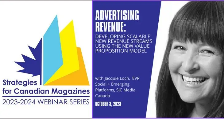 Left: Strategies for Canadian Magazines logo on white. Right: title of webinar and photo of Jacqui Loch on blue background