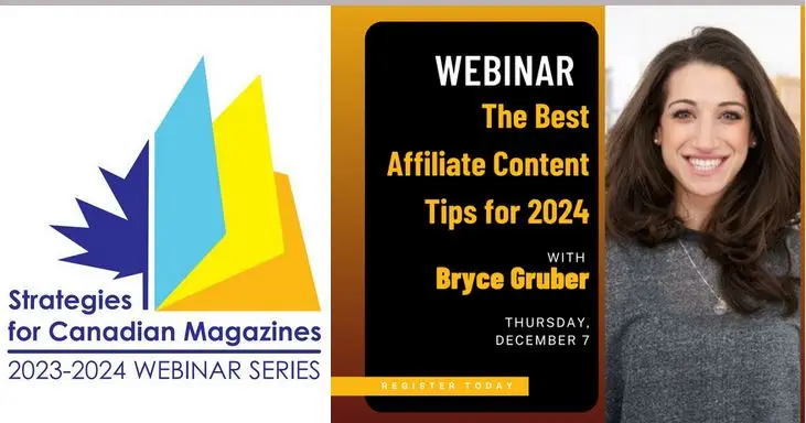 Left: Strategies for Canadian Magazines logo; right: Bryce Gruber headshot with webinar title, yellow on black background