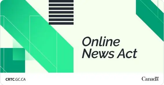 logo for Online News Act on a light green background with strong graphics (wide green arrows, bars of black lines, green squares)