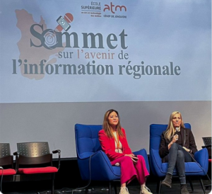 Right, seated: The Honourable Pascale St-Onge, Minister of Canadian Heritage at the Future of Regional Information Summit, organized by the Cégep de Jonquière’s art and media technology graduate school along with la Fédération nationale des communications et de la culture