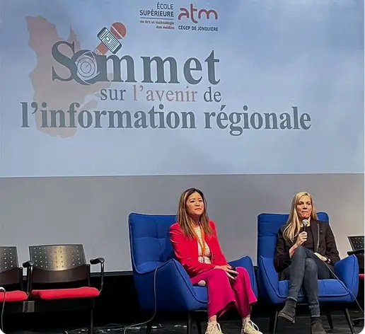 Right, seated: The Honourable Pascale St-Onge, Minister of Canadian Heritage at the Future of Regional Information Summit, organized by the Cégep de Jonquière’s art and media technology graduate school along with la Fédération nationale des communications et de la culture