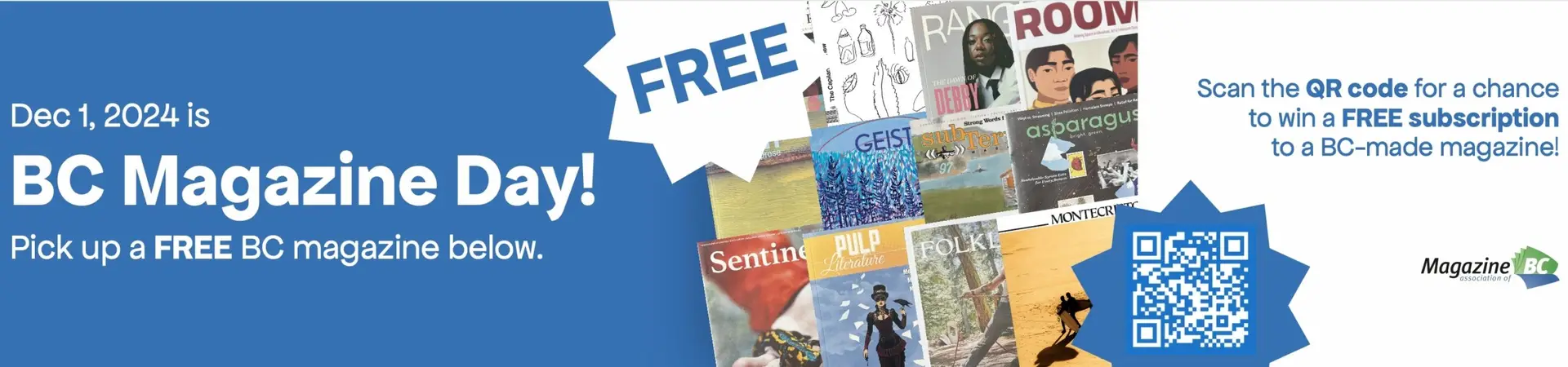 BC Magazine Day 2024 graphic featuring a selection of BC magazines and a QR code for scan for a chance to win a free subscription to a BC-made magazine