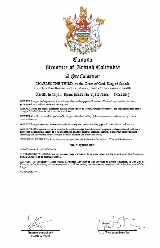 Proclamation: "BC Magazine Day" December 1, 2024 by the Province of British Columbia