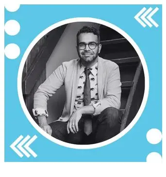 Omar Mouallem black and white portrait set in centre circle within a turquoise square with graphics details