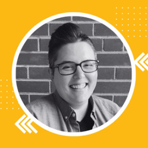 Dana DiTomaso black and white portrait set in a circle surrounded by orange yellow square with graphic elements.