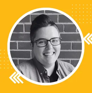 Dana DiTomaso black and white portrait set in a circle surrounded by orange yellow square with graphic elements.