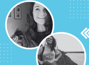 Black and while portraits of Shelby Blackley and Jessie Willms set in two circles on a light blue background.