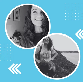 Black and while portraits of Shelby Blackley and Jessie Willms set in two circles on a light blue background.