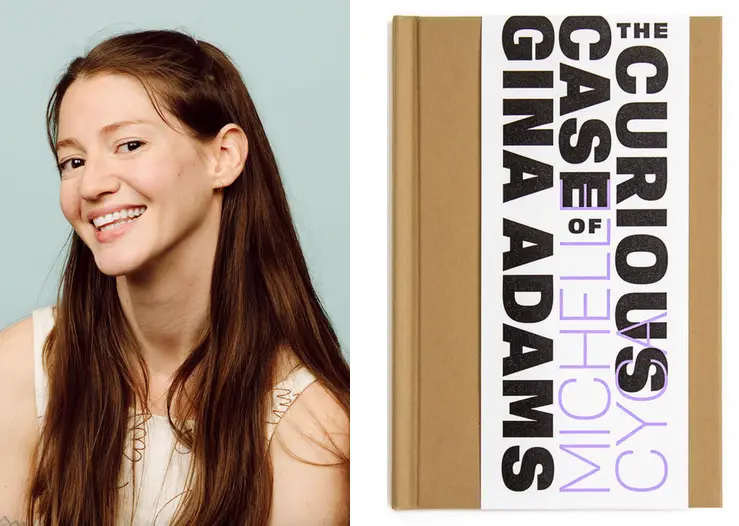 L to R: Colour head and shoulder portrait of Michelle Cyca, smiling, and a picture of her Maclean's cover story "The Curious Case of Gina Adams"
