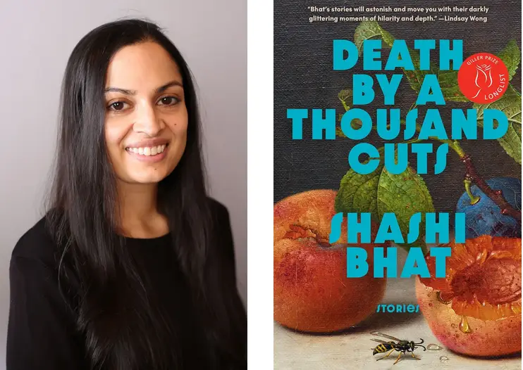 Colour head and shoulder portrait of Shashi Bhat, smiling and the cover of her book Death by a Thousand Cuts