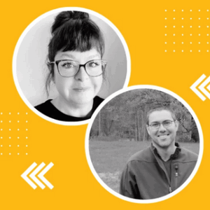 Inside a yellow square, black and white portraits of Angie McKaig (top) and Dmitry Beniaminov (bottom) with a few graphics