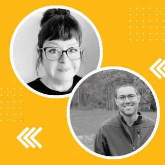 Inside a yellow square, black and white portraits of Angie McKaig (top) and Dmitry Beniaminov (bottom) with a few graphics