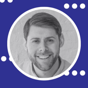 Black and white portrait of Dan Oshinsky in a circular frame within a blue square with some graphic elements.