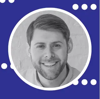 Black and white portrait of Dan Oshinsky in a circular frame within a blue square with some graphic elements.