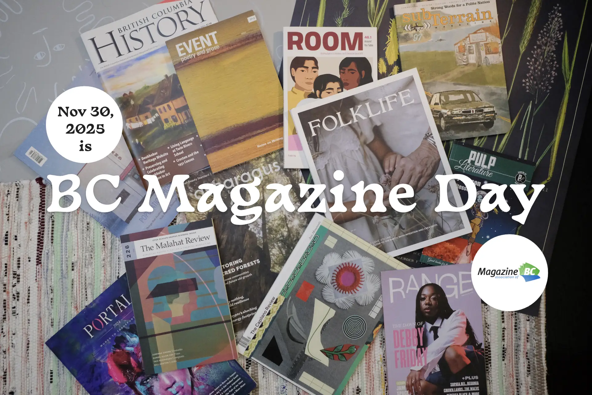 A spread of BC magazines shows diverse covers of MagsBC member magazines with the words Nov. 30, 2025 is BC Magazine Day across the image, and the MagsBC logo bottom right. Photo by Sun Woo Baik