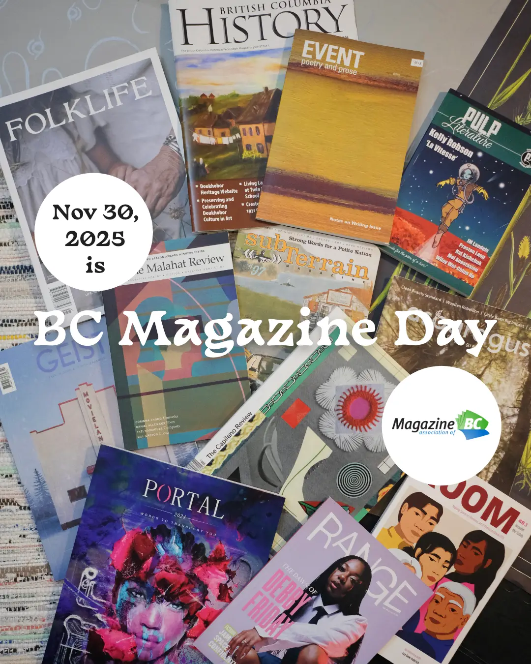 A spread of BC magazines shows diverse covers of MagsBC member magazines with the words Nov. 30, 2025 is BC Magazine Day across the image, and the MagsBC logo bottom right. Photo by Sun Woo Baik