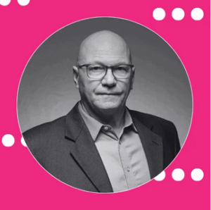 Charles Rusnell black and white portrait set in a circle in a pink square with some graphics