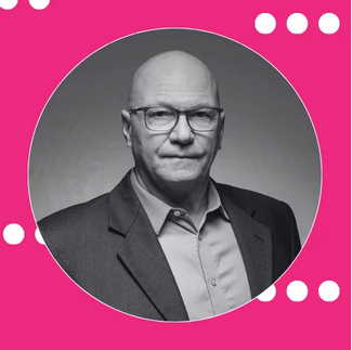 Charles Rusnell black and white portrait set in a circle in a pink square with some graphics