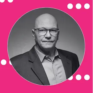 Charles Rusnell black and white portrait set in a circle in a pink square with some graphics