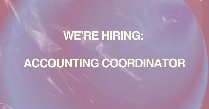 On a soft pink/lilac background text reads: We're hiring: Accounting Coordinator (by Room Magazine)