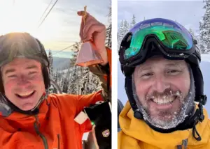 Jim Barr and Jeremy Derksen colour portraits with ski outfits in a snowy landscape