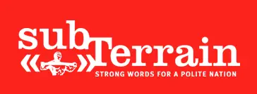 subTerrain logo on orange-red background with a graphic. Text reads: subTerrain, strong words for a polite nation