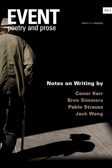 EVENT Magazine cover number 54.3, Winter 2025-2026 issue, cover photo by Garrick Bassey. Text reads: Notes on Writing by Conor Kerr, Bren Simmers, Pablo Strauss, Jack Wang 
