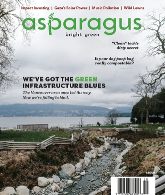 Asparagus magazine cover. Photo shows shoreline park in Vancouver with a stream, fencing, bare trees on the side, the ocean (English Bay) and the North shore in the background. Text reads: "Clean" tech's dirty secret. Is It your dog poop bag really compostable? We've got the green infrastructure blues: The Vancouver area once led the way. Now we're falling behind.