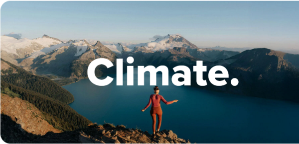 The word Climate. overlaying a mountain landscape with a lake and a person in the foreground standing on the edge of a cliff.